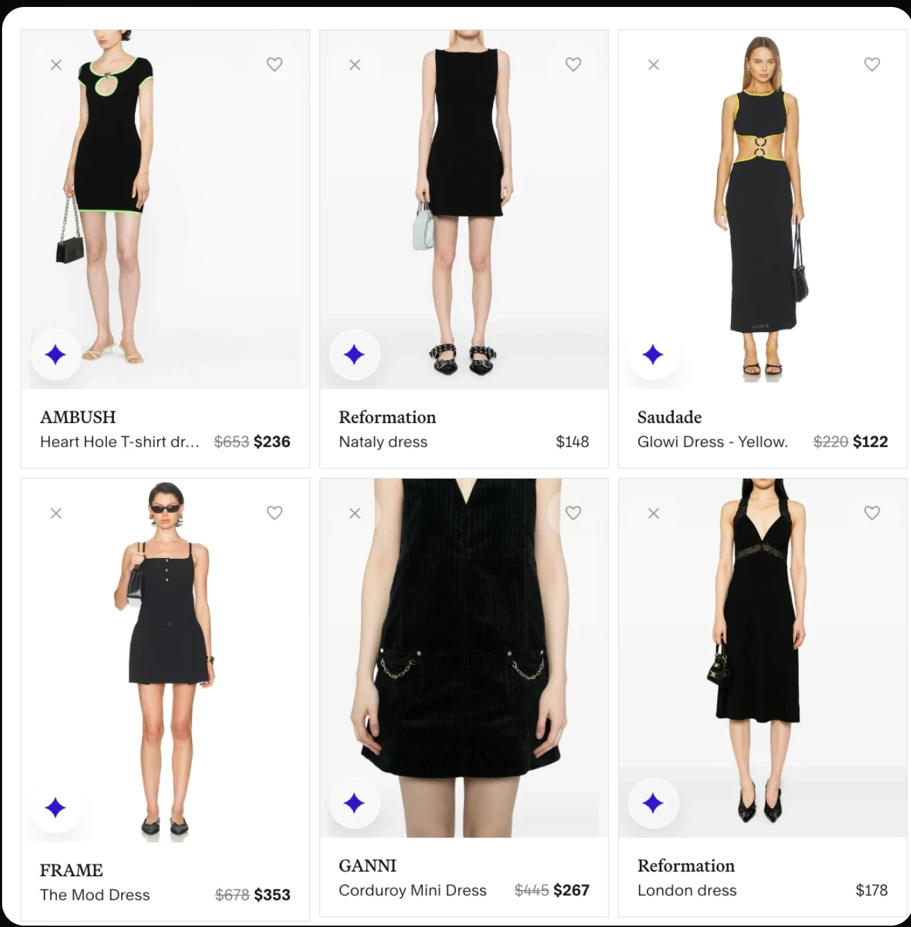 Competitor results for the same query — plain black dresses, no neon-accent signal